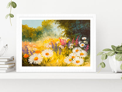 Field Of Daisies Oil Painting Glass Framed Wall Art, Ready to Hang Quality Print With White Border White