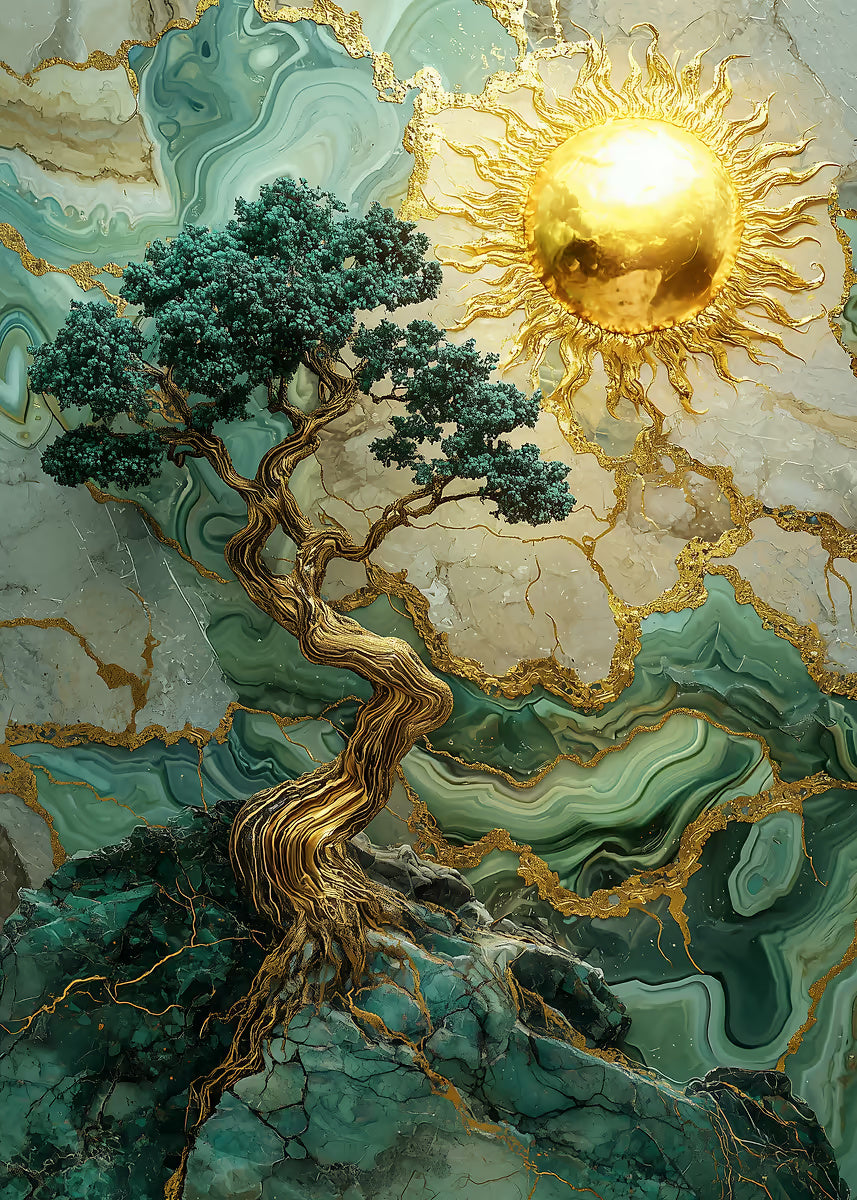 Gold Sun Marble Emerald Tree 60x90cm Metal Print Ready to Hang - Bella Home Decor