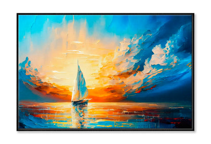 Sailboat Boat at Sunset On The Ocean Oil Painting Wall Art Limited Edition High Quality Print Canvas Box Framed Black