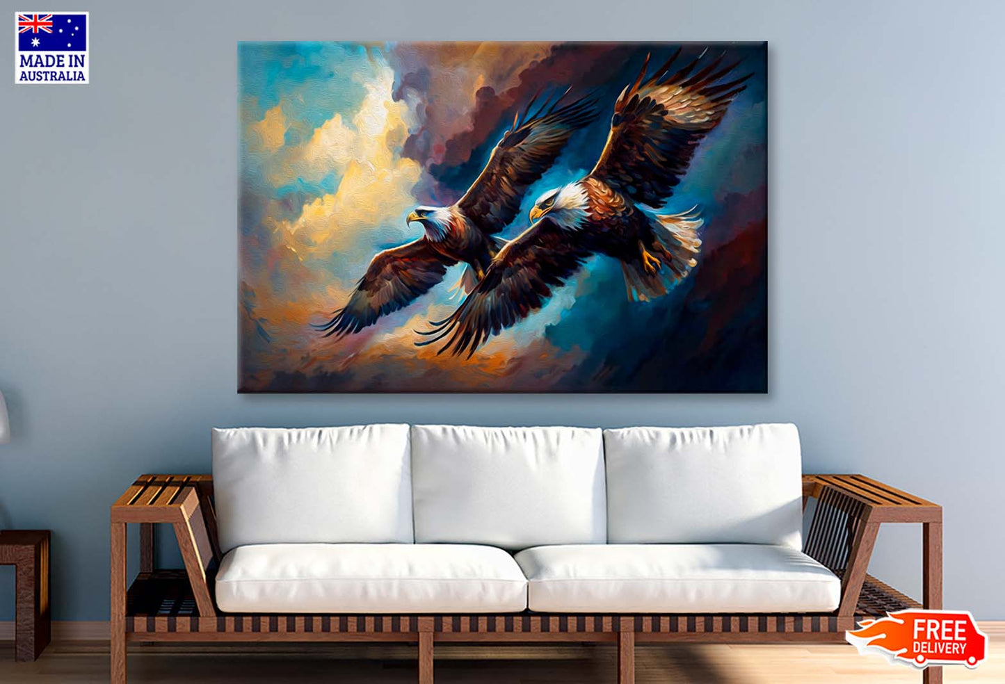 Tow Eagles Flying on Cloudy Sky Wall Art Limited Edition High Quality Print