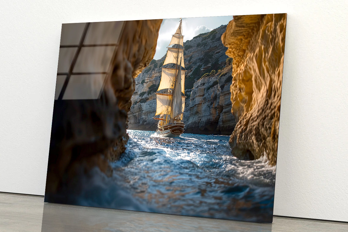 Sailboat Floating In the Water with Sky and Rocks Acrylic Glass Print Tempered Glass Wall Art 100% Made in Australia Ready to Hang - Bella Home Decor