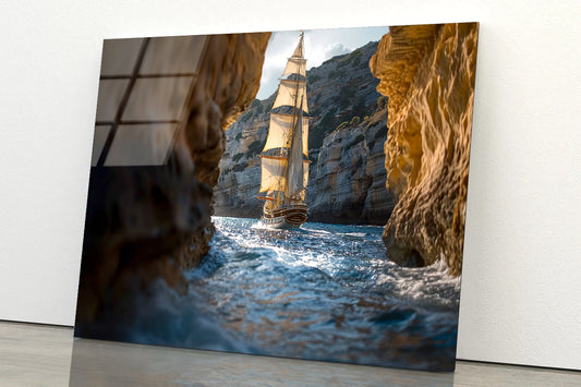 Sailboat Floating In the Water with Sky and Rocks Acrylic Glass Print Tempered Glass Wall Art 100% Made in Australia Ready to Hang - Bella Home Decor