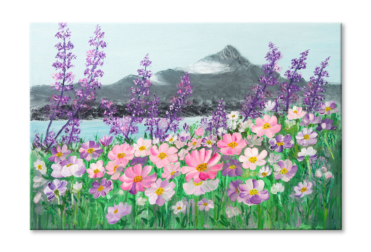 Pink & Purple Cosmos Daisies & Mountains Lake Painting Wall Art Limited Edition High Quality Print Stretched Canvas None