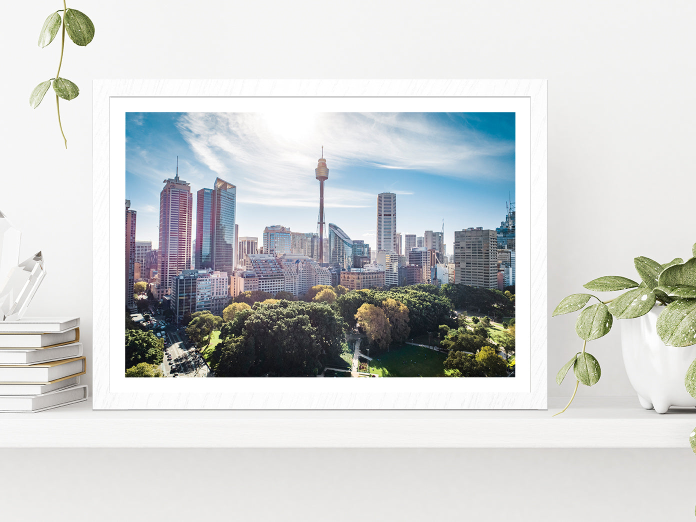 Drone View In Sydney Cityscape Glass Framed Wall Art, Ready to Hang Quality Print With White Border White