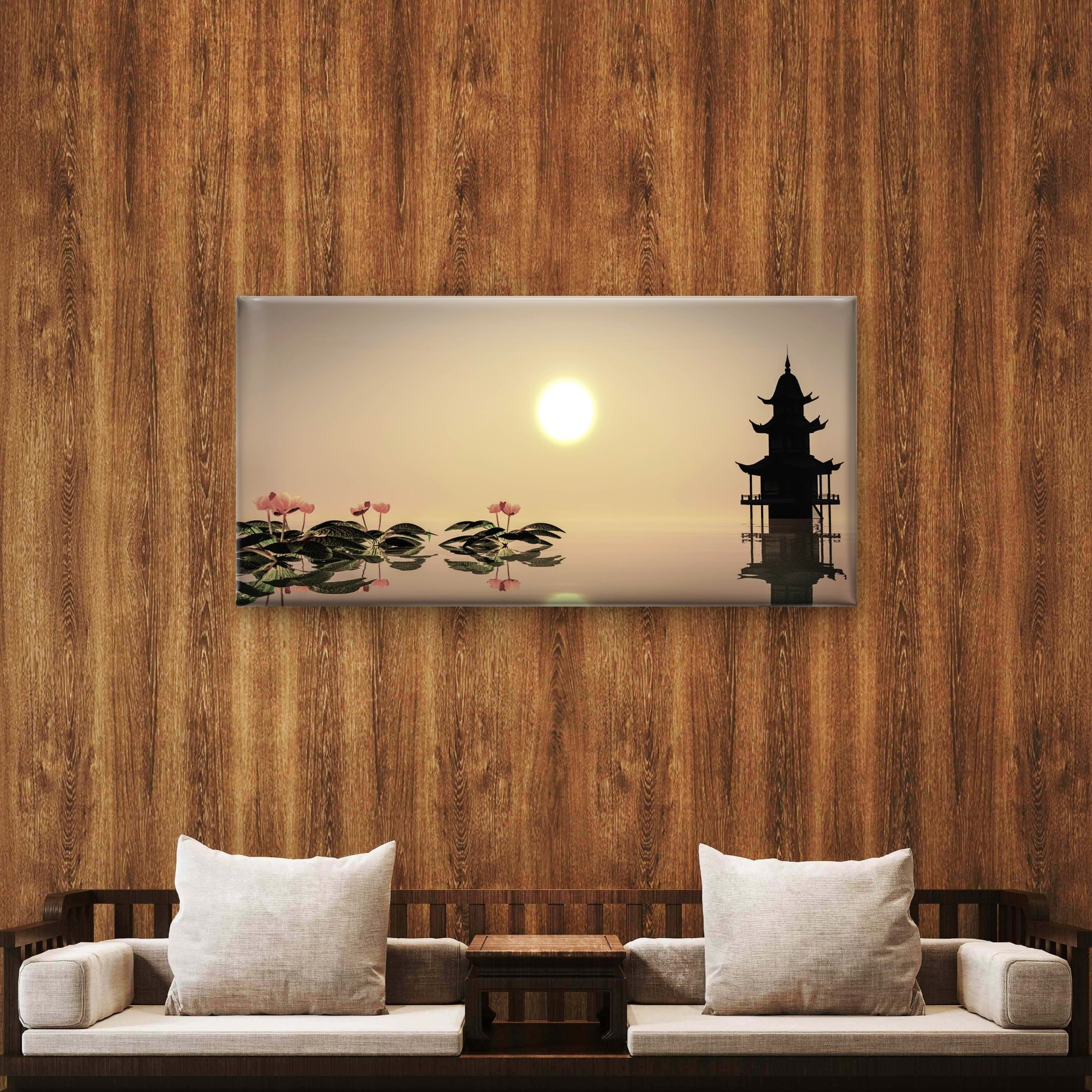Zen Pagoda Sunset Lotus Water Wall Art Canvas Office Home Room Framed 120x60cm - Bella Home Decor