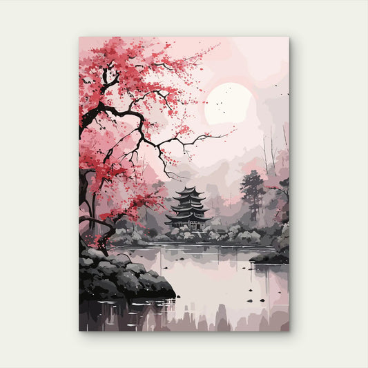 Zen Pagoda Sakura Lake 40x60cm Metal Print Ready to Hang