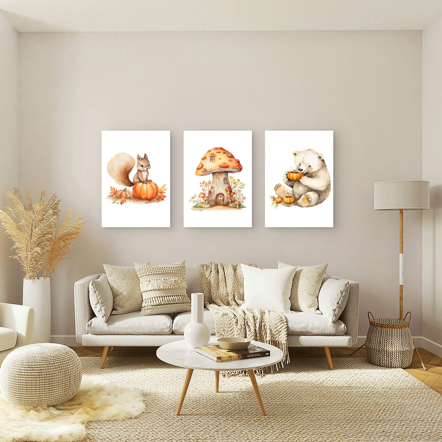 3pcs Cozy Autumn Woodland Mushroom House Bear Wall Art Set Canvas Framed 40x60cm - High Quality Print 100% Australian Made Wall Canvas Ready to Hang