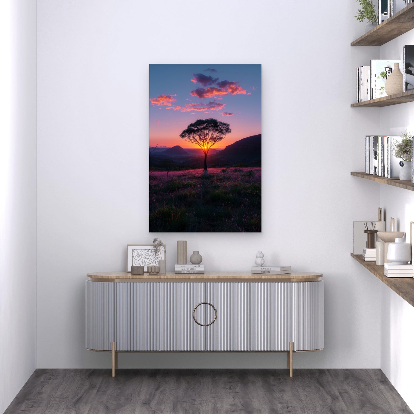 Vibrant Sunset with Tree in Desert 40x60cm Metal Print Ready to Hang
