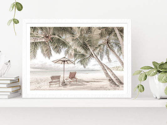 Beach Hut & Palm Trees near Sand Beach Photograph Glass Framed Wall Art, Ready to Hang Quality Print With White Border White