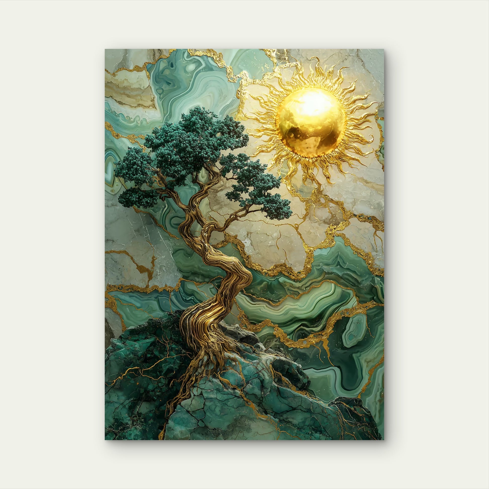 Gold Sun Marble Emerald Tree 60x90cm Metal Print Ready to Hang - Bella Home Decor