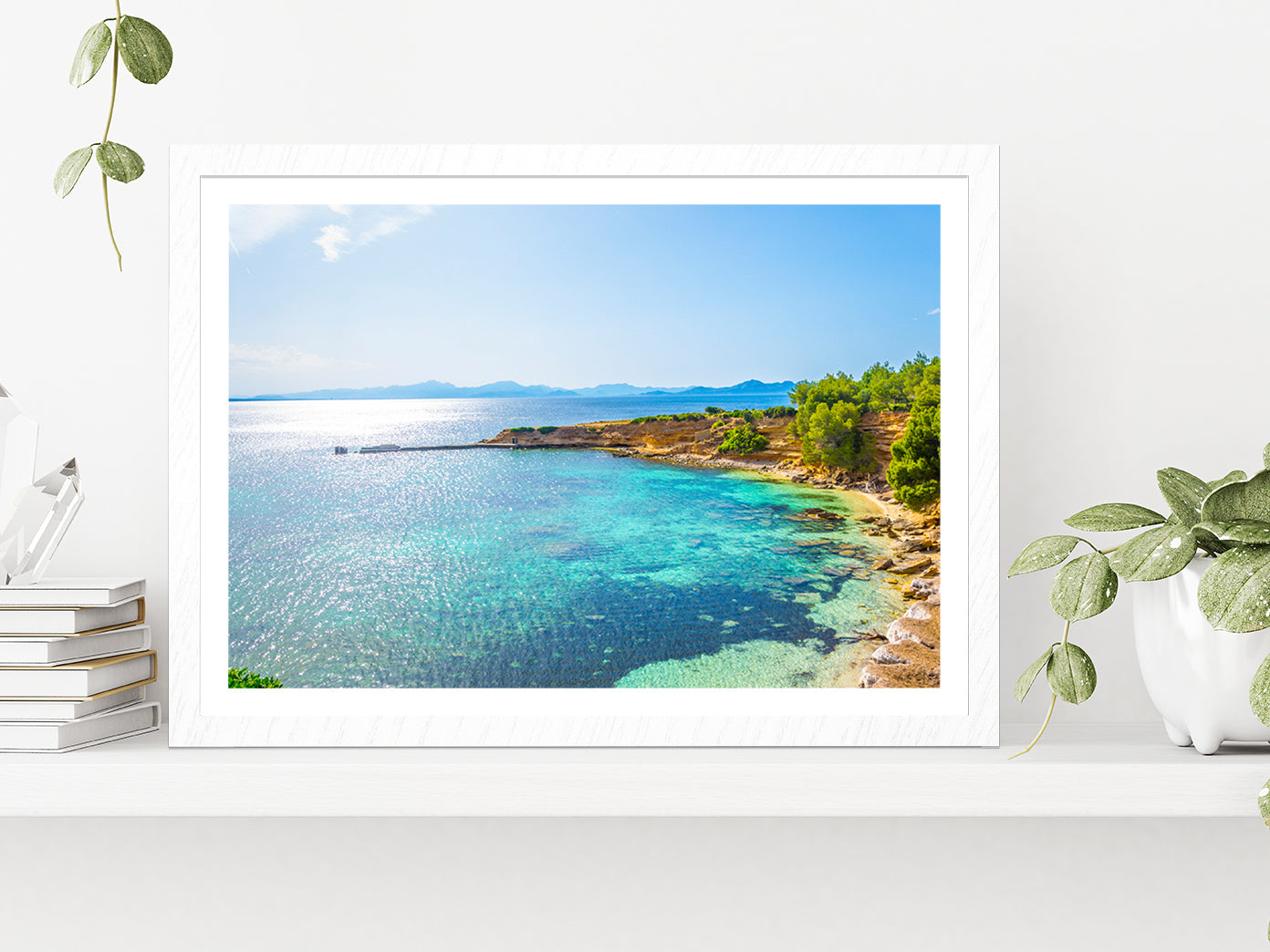 Ragged coast of Mallorca Glass Framed Wall Art, Ready to Hang Quality Print With White Border White