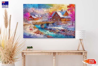 Winter Snow, Country Landscape. Log Houses. Bridge Over the River Wall Art Limited Edition High Quality Print