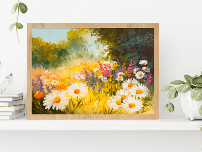 Field Of Daisies Oil Painting Glass Framed Wall Art, Ready to Hang Quality Print Without White Border Oak