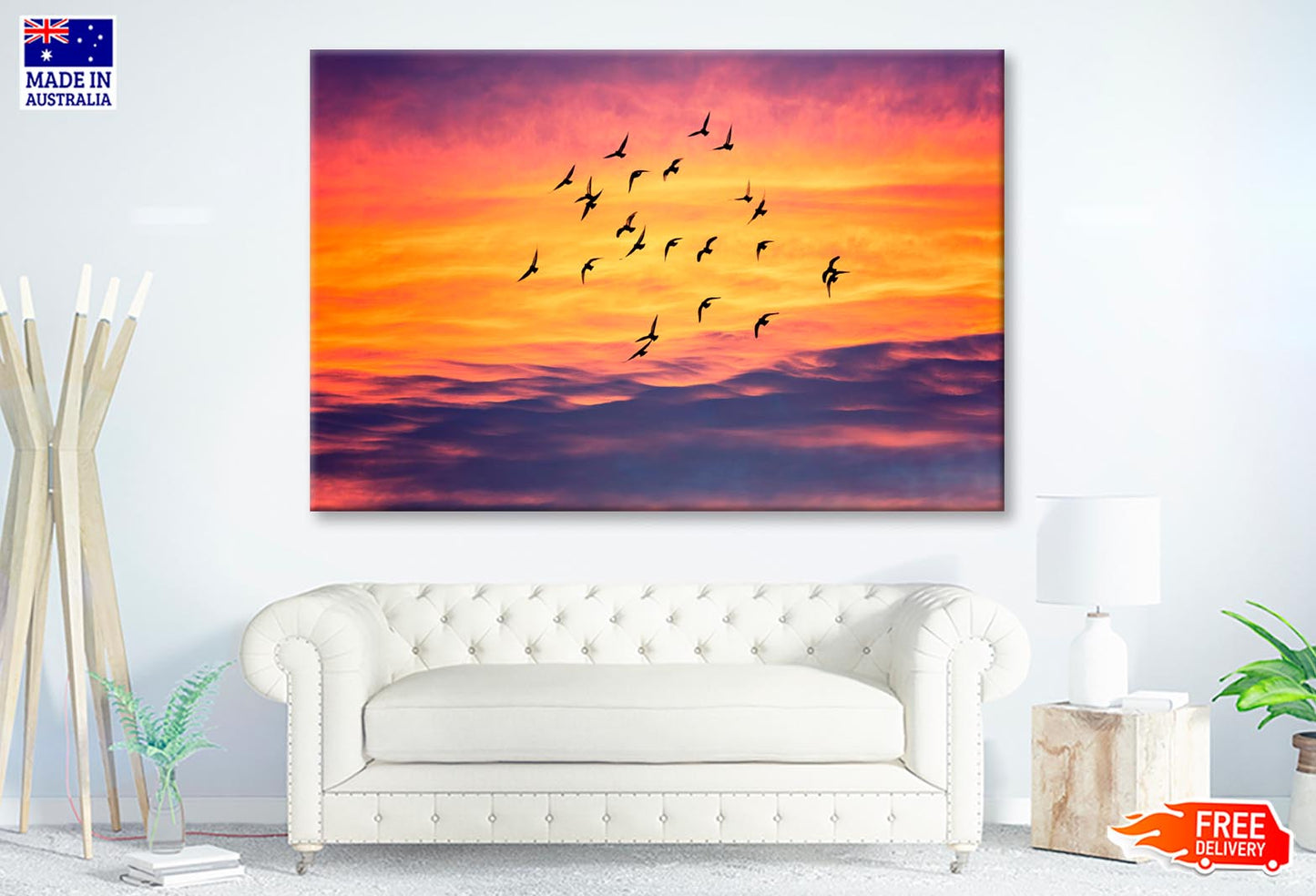 Birds Flying into Sunset Sky Wall Art Decor 100% Australian Made