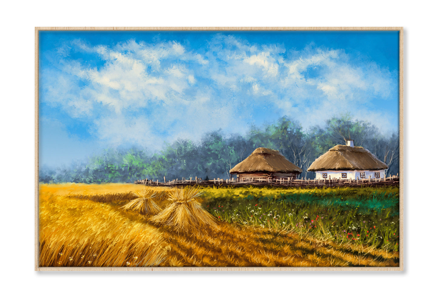 Bales in the Field Houses & Blue Sky Oil Painting Wall Art Limited Edition High Quality Print Canvas Box Framed Natural