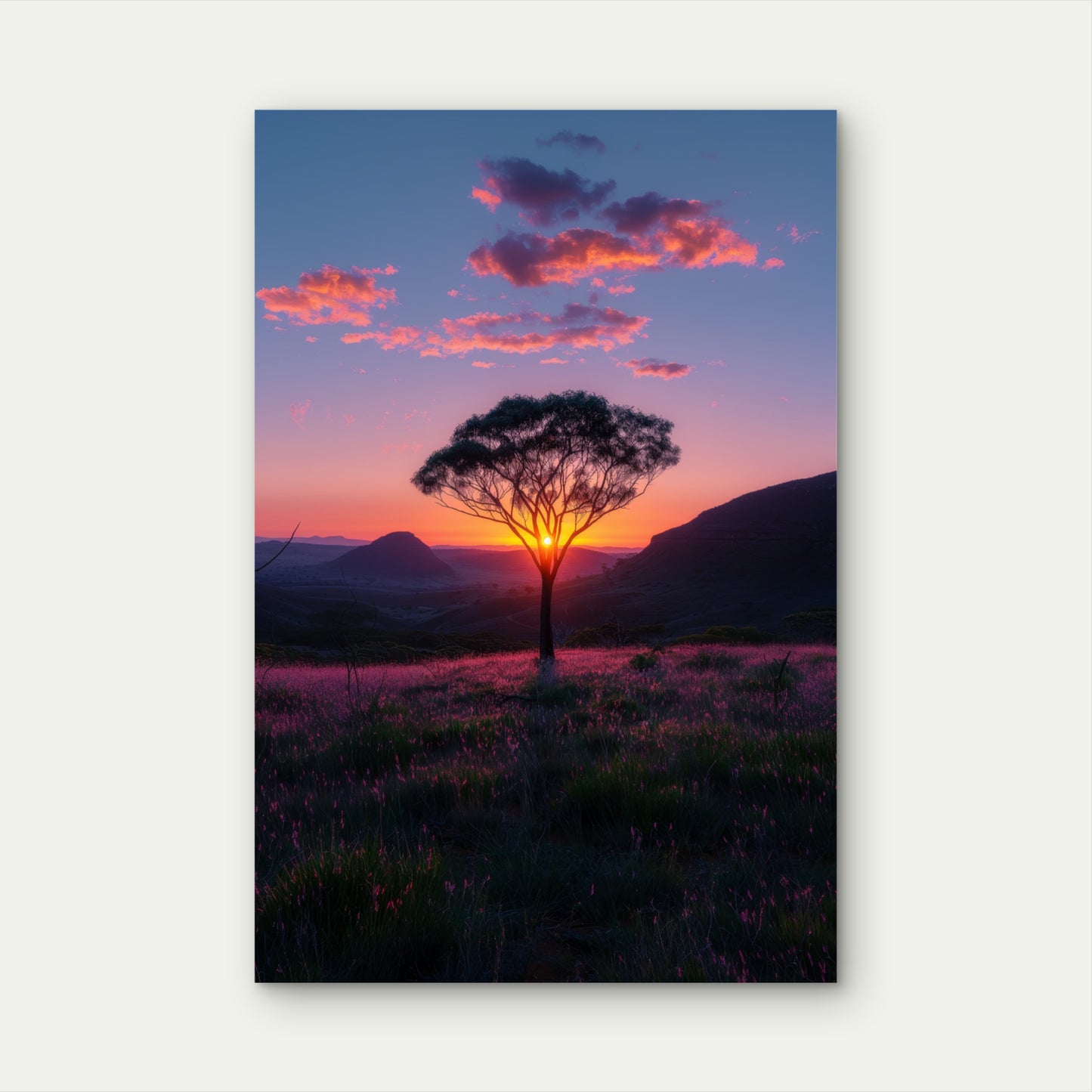 Vibrant Sunset with Tree in Desert 40x60cm Metal Print Ready to Hang