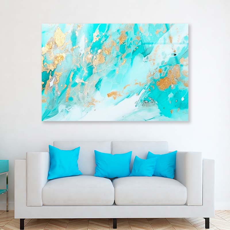 Gold Ocean Blue Abstract Acrylic Glass Print Tempered Glass Wall Art 100% Made in Australia Ready to Hang