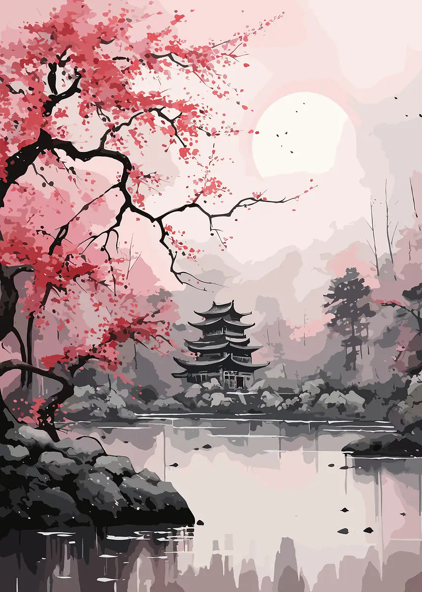Zen Pagoda Sakura Lake 40x60cm Metal Print Ready to Hang