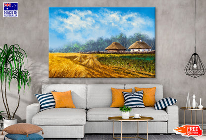 Bales in the Field Houses & Blue Sky Oil Painting Wall Art Limited Edition High Quality Print