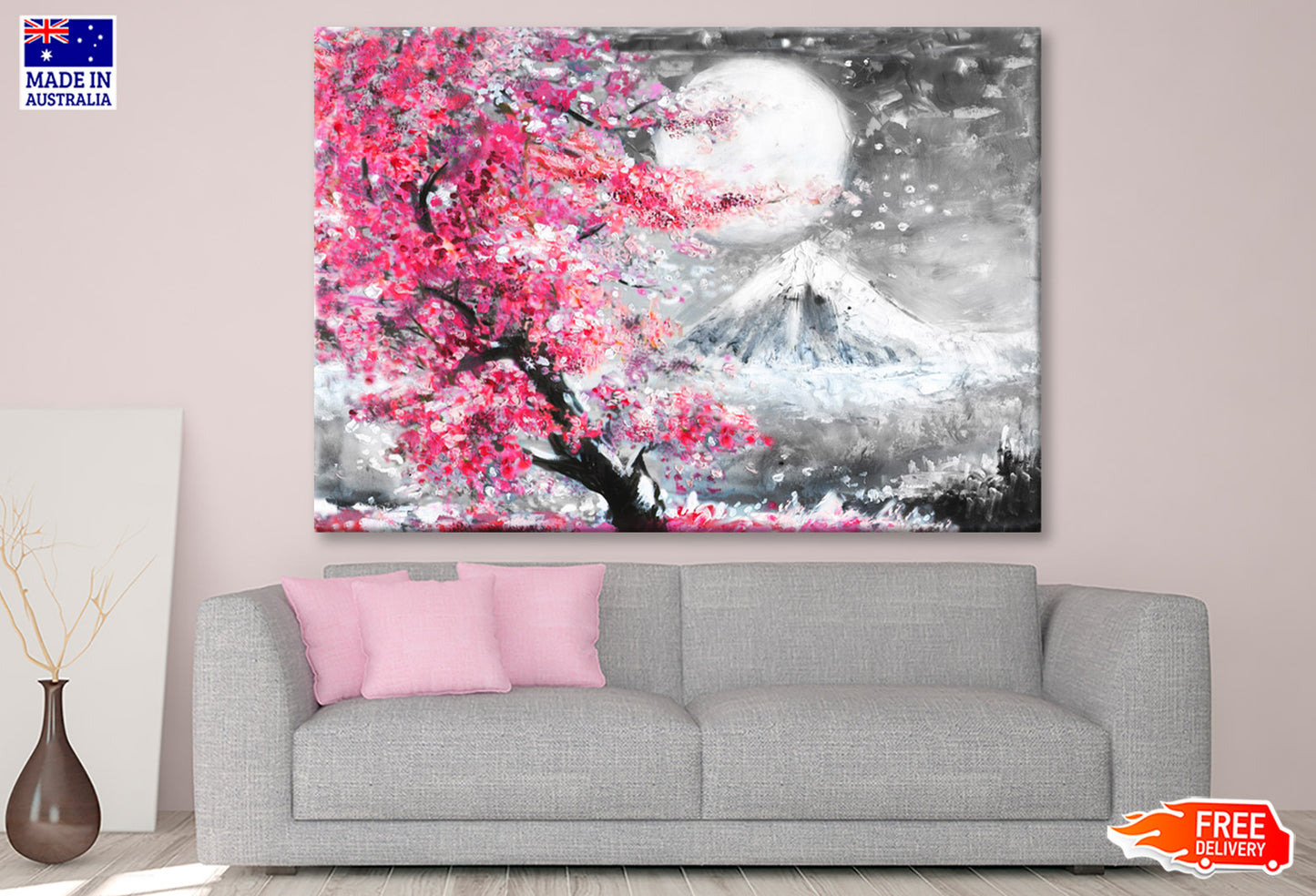 Blossom Pink Trees near Snow Mountain Painting Wall Art Limited Edition High Quality Print