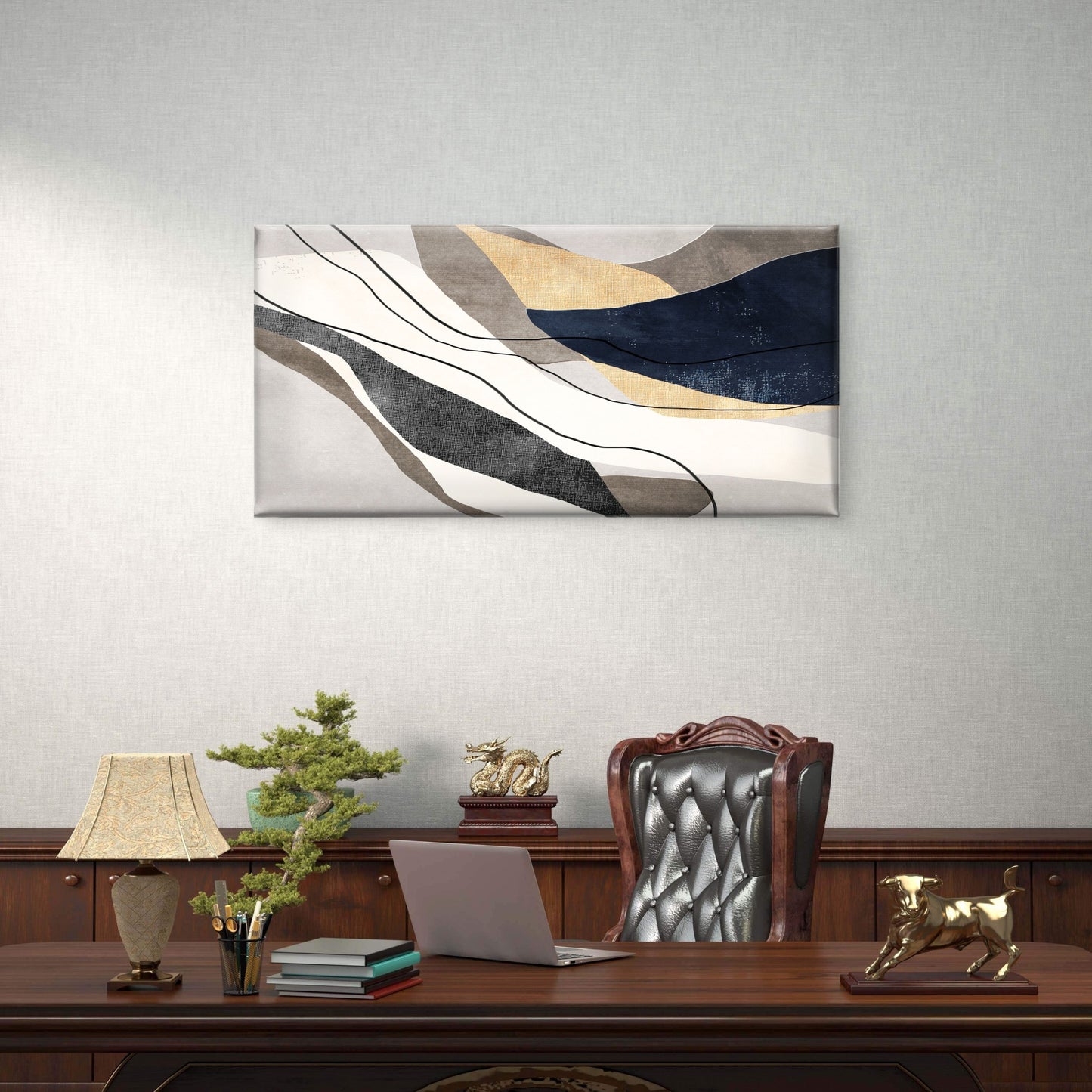 Navy Gold Abstract Flow Shape Wall Art Canvas Office Home Room Framed 120x60cm