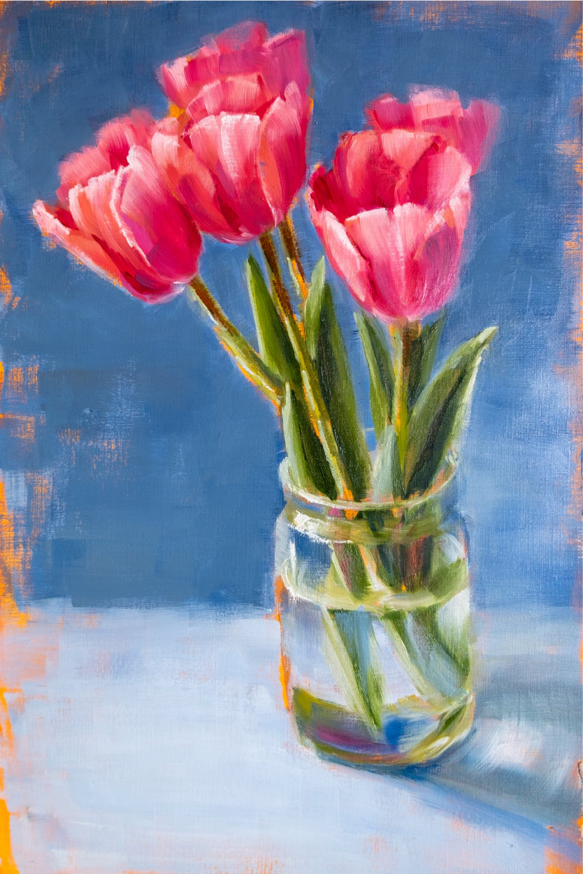 Pink Tulips in Glass Vase Oil Painting 60x90cm Metal Print Ready to Hang