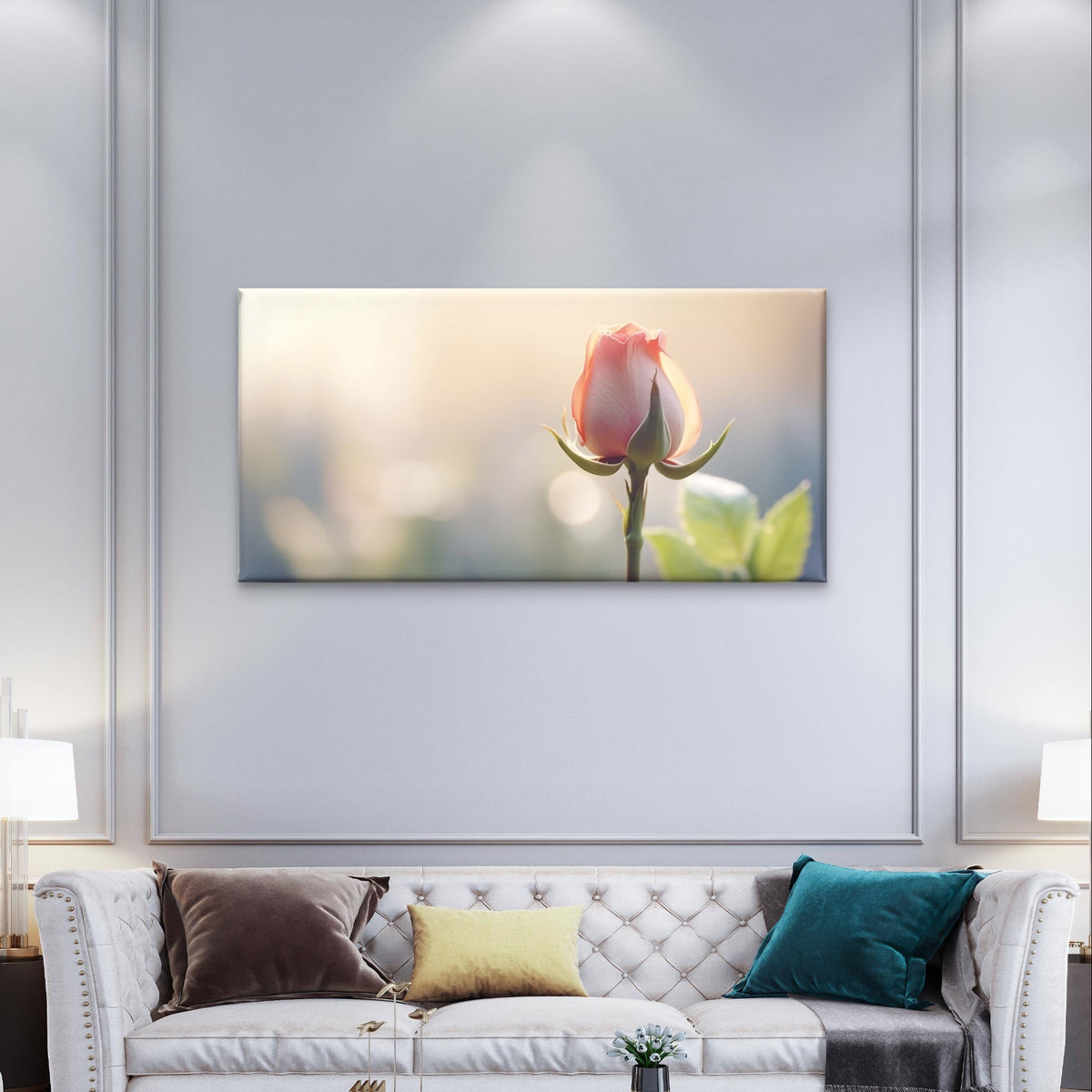 Soft Pink Rose Bud Macro Photography Bokeh Light Wall Art Canvas Office Home Framed 120x60cm - Bella Home Decor