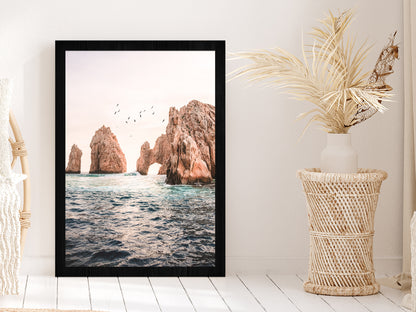 Rocks on Sea Faded View Photograph Glass Framed Wall Art, Ready to Hang Quality Print Without White Border Black