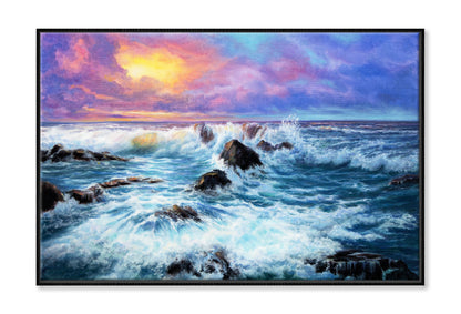 Painting Of Sunset In Ocean Limited Edition High Quality Print Canvas Box Framed Black