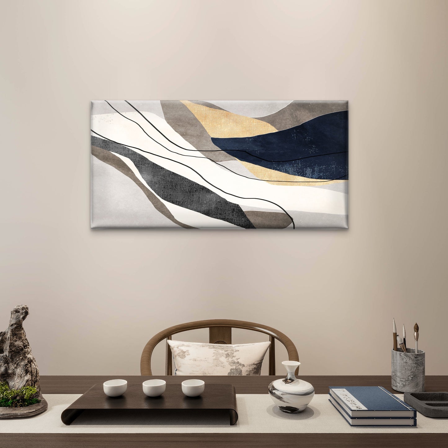 Navy Gold Abstract Flow Shape Wall Art Canvas Office Home Room Framed 120x60cm
