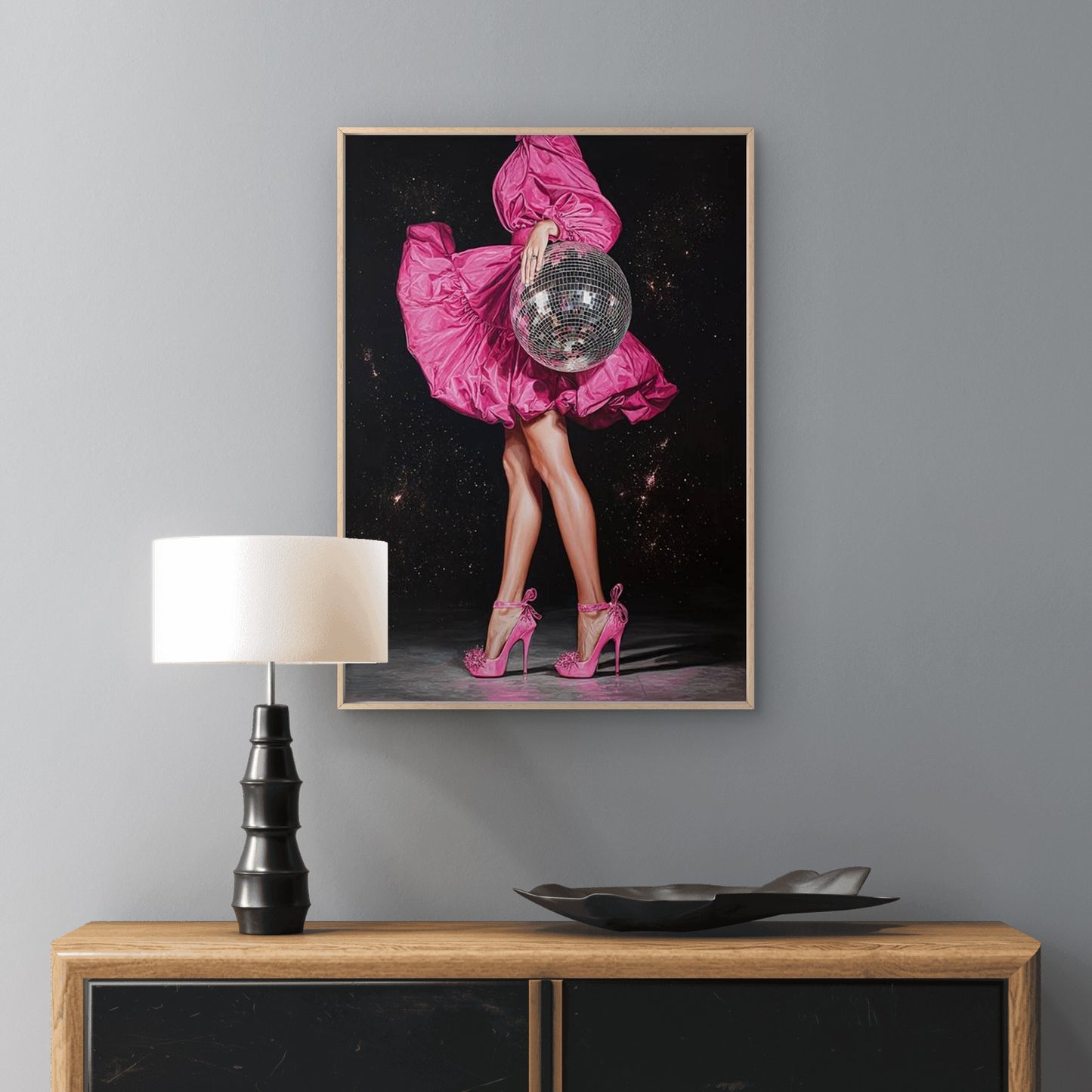 Disco Ball Woman Pink Heels & Glam Dress Dance Fashion Home Decor Premium Quality Poster Print Choose Your Sizes - Bella Home Decor