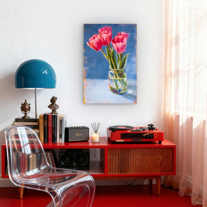 Pink Tulips in Glass Vase Oil Painting 40x60cm Metal Print Ready to Hang