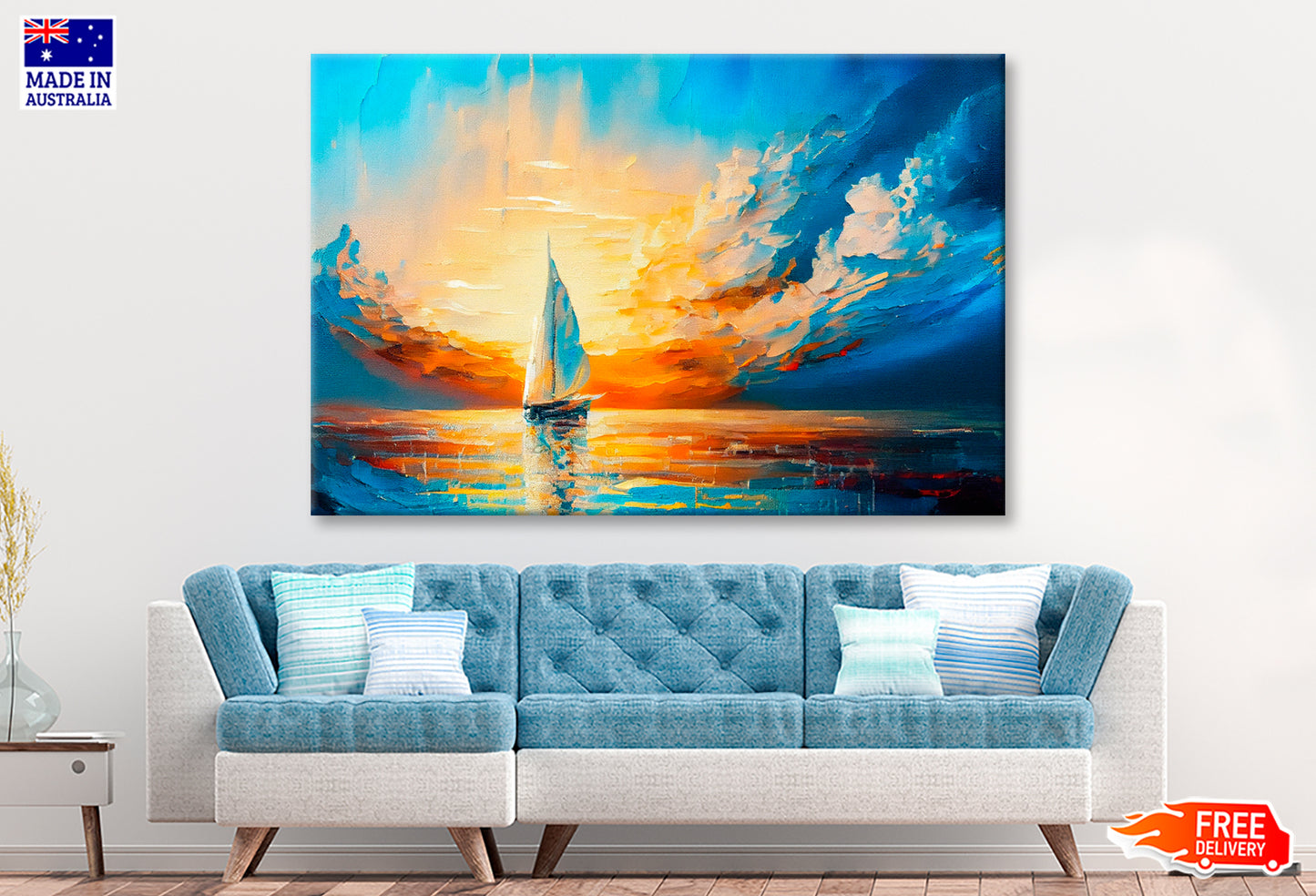 Sailboat Boat at Sunset On The Ocean Oil Painting Wall Art Limited Edition High Quality Print