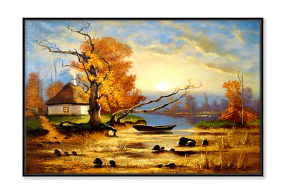 Village House & Dead Tree near River Oil Painting Wall Art Limited Edition High Quality Print Canvas Box Framed Black