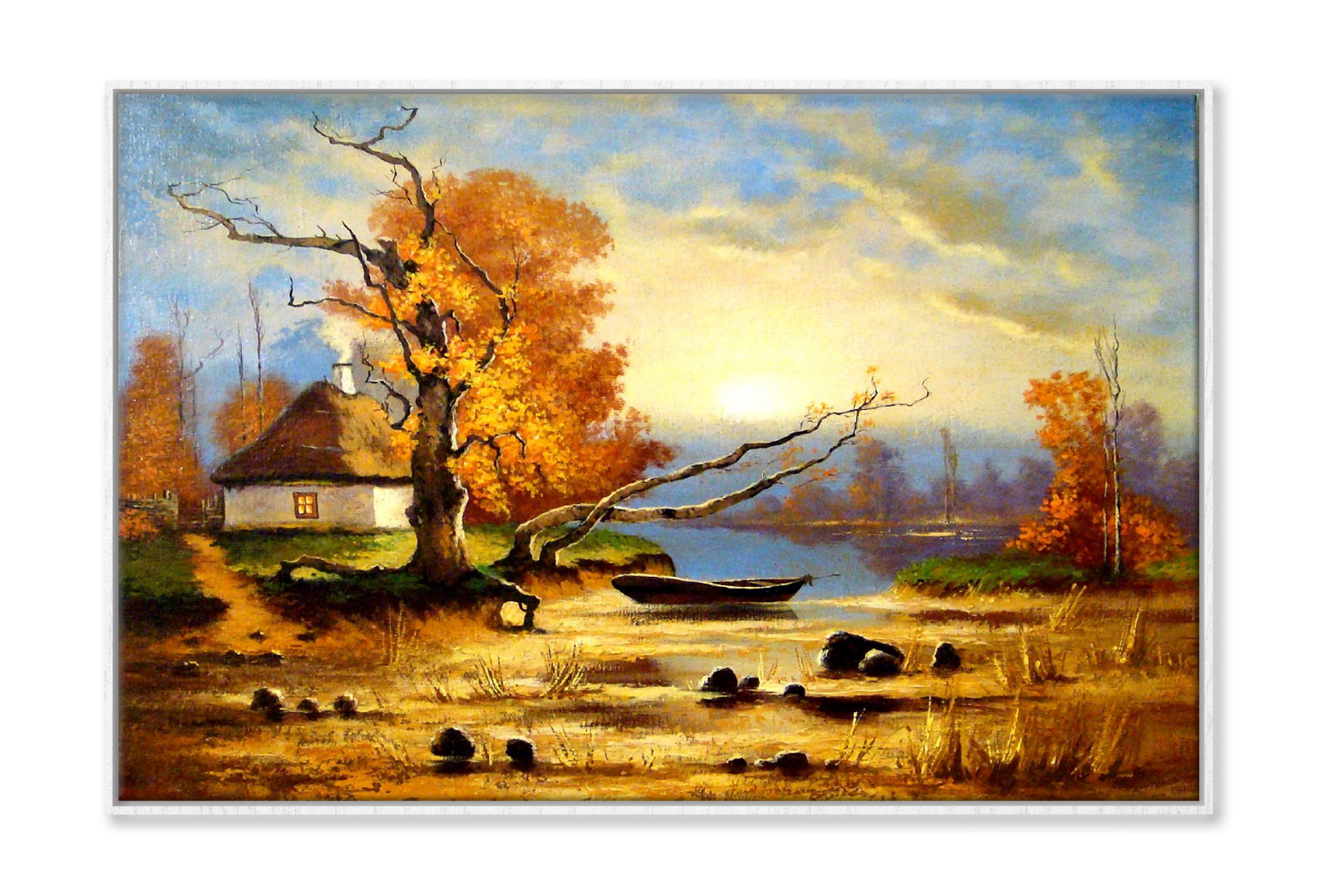 Village House & Dead Tree near River Oil Painting Wall Art Limited Edition High Quality Print Canvas Box Framed White