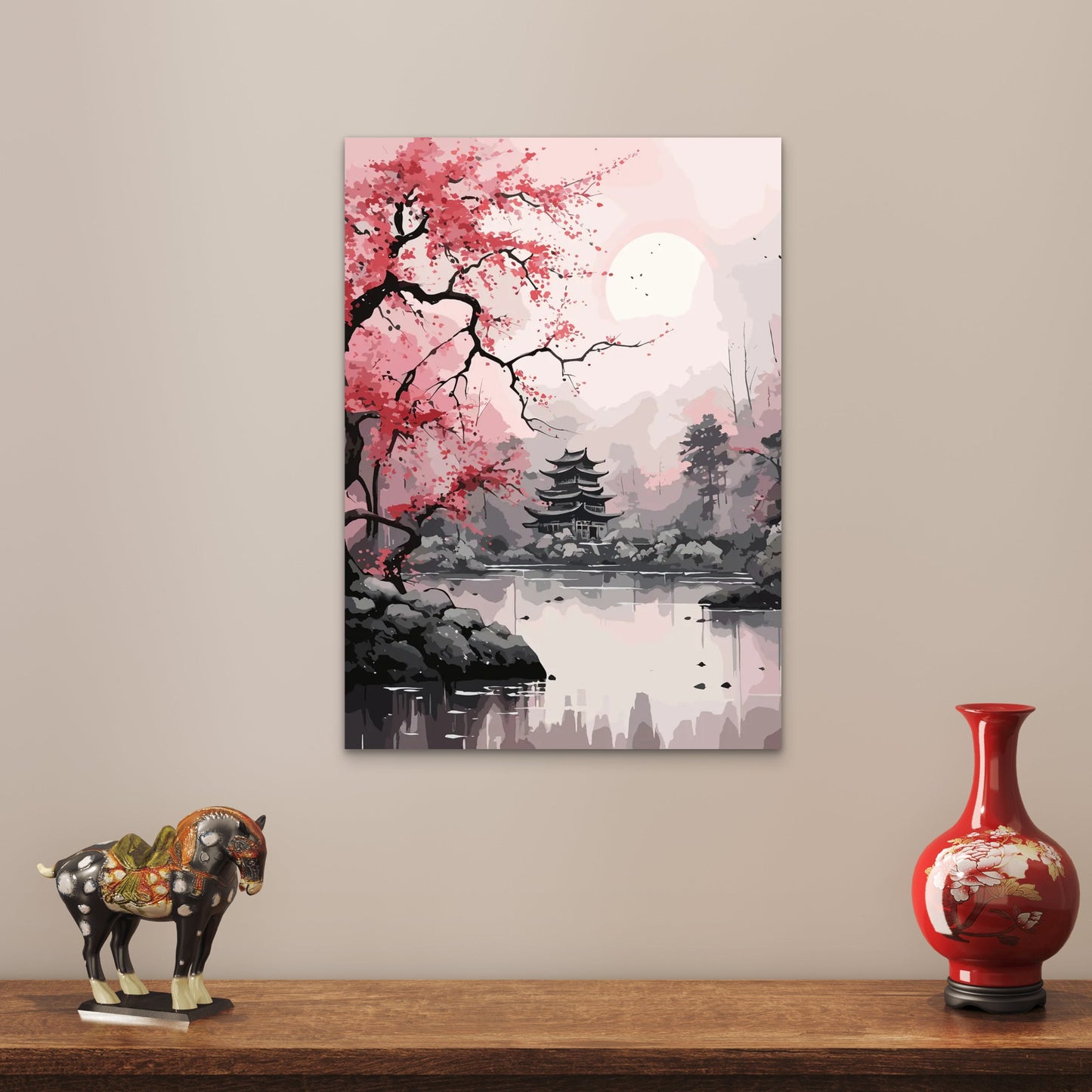 Zen Pagoda Sakura Lake 40x60cm Metal Print Ready to Hang