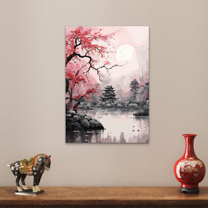 Zen Pagoda Sakura Lake 40x60cm Metal Print Ready to Hang