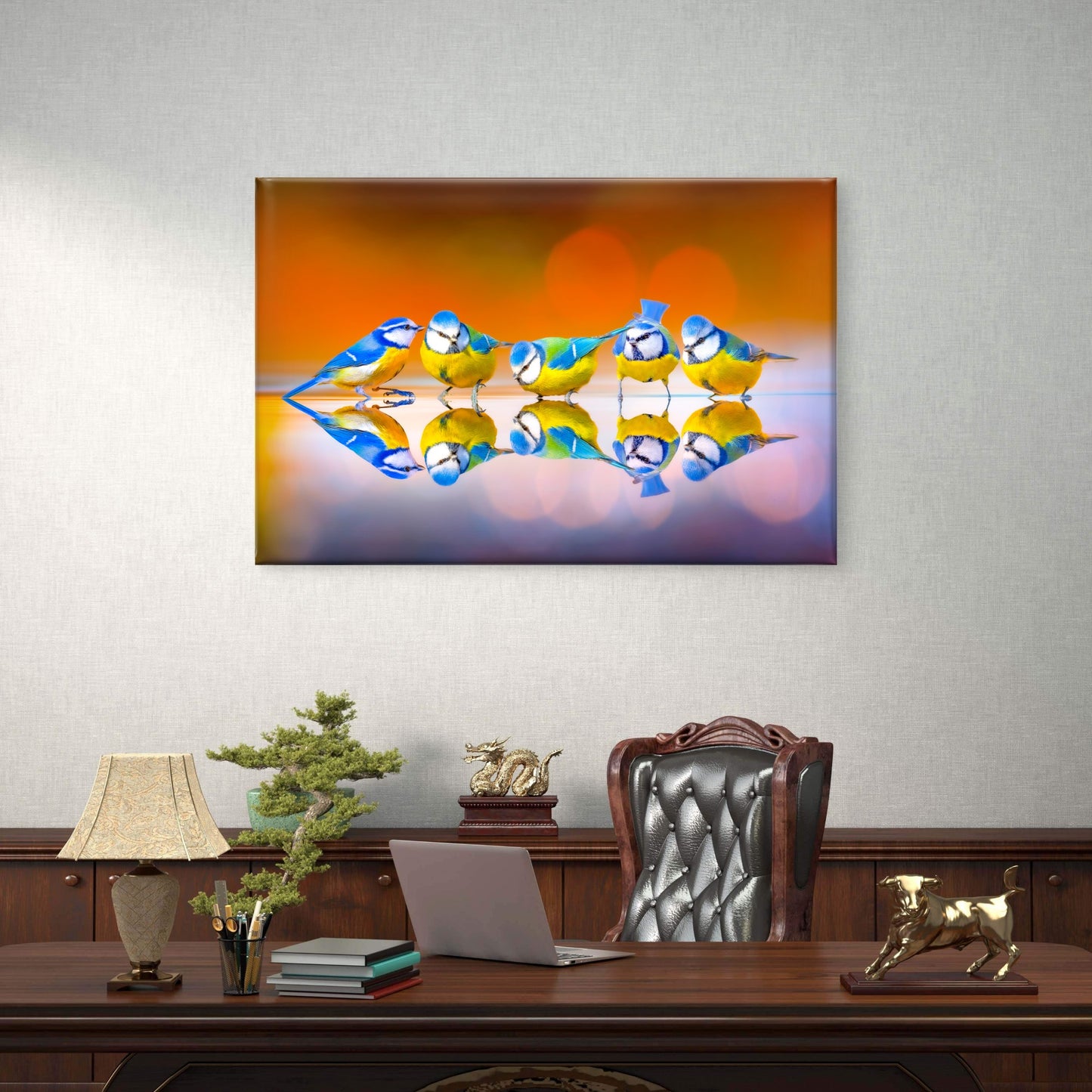 Eurasian Blue Tit Birds Reflect On Lake Wall Art Decor 100% Australian Made - Bella Home Decor