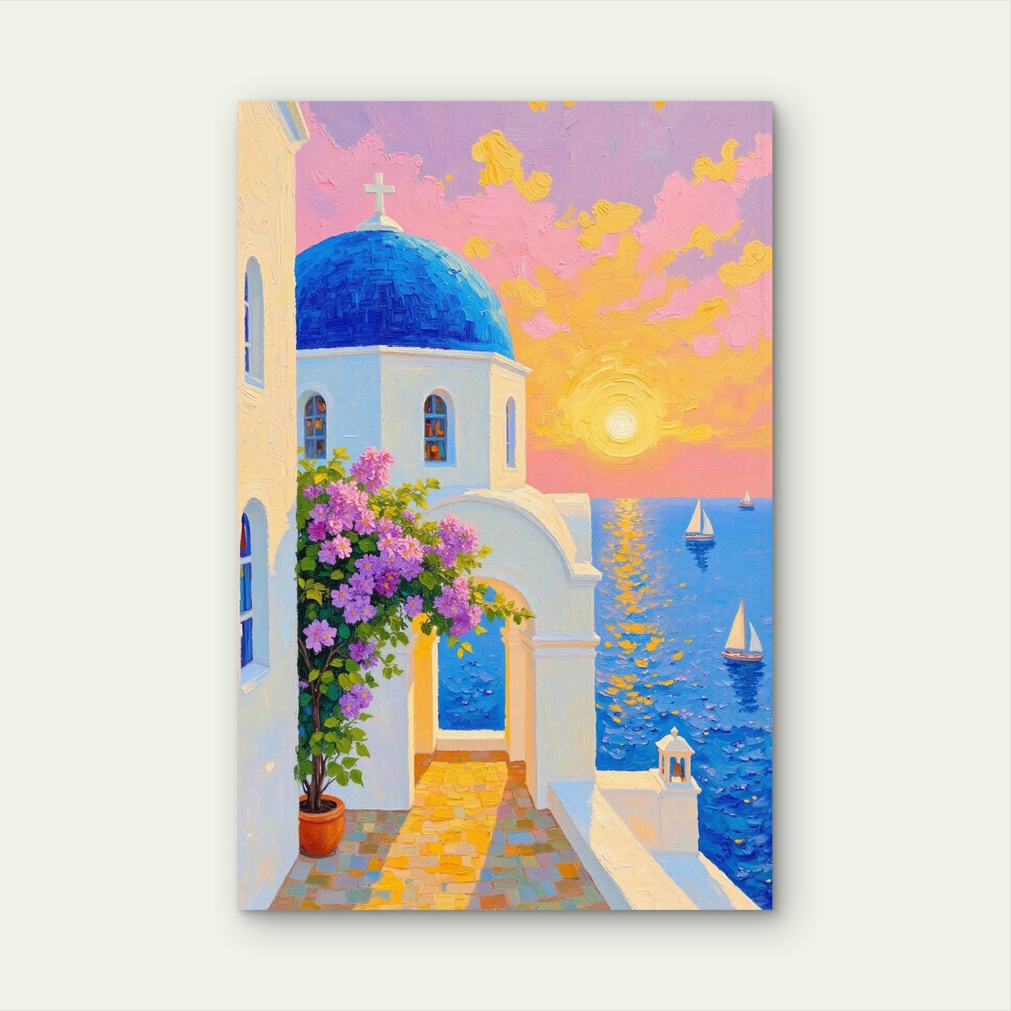 Santorini Church Sea Sailboats 40x60cm Metal Print Ready to Hang