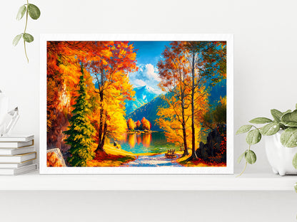 Reflection Of Autumn Trees In Water, Autumn Lake Glass Framed Wall Art, Ready to Hang Quality Print Without White Border White