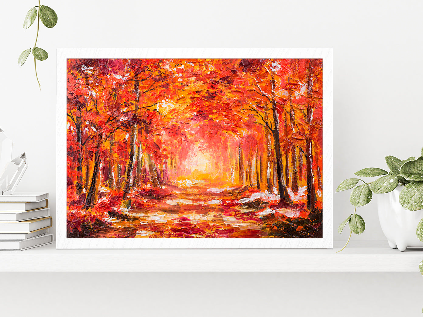 Autumn Forest With Red Trees Glass Framed Wall Art, Ready to Hang Quality Print Without White Border White