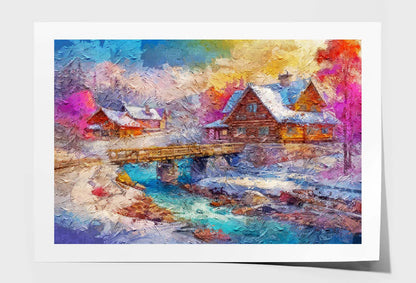 Winter Snow, Country Landscape. Log Houses. Bridge Over the River Wall Art Limited Edition High Quality Print