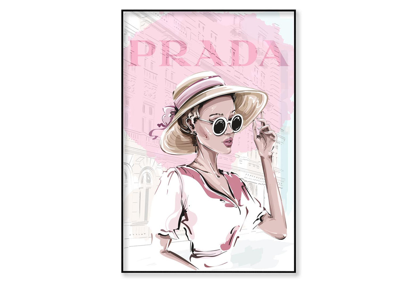 Pink Lady With Hat Fashion Store Wall Art Limited Edition High Quality Print Canvas Box Framed Black