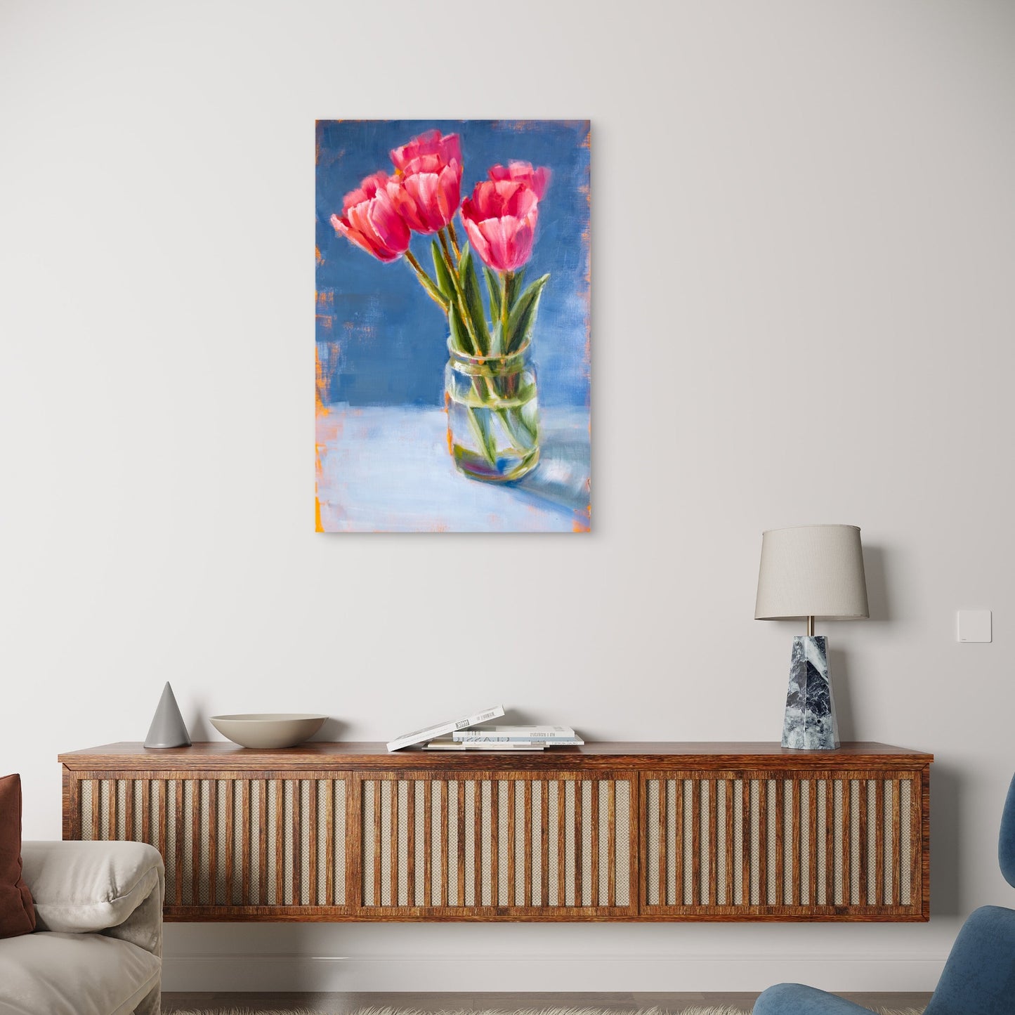 Pink Tulips in Glass Vase Oil Painting 60x90cm Metal Print Ready to Hang