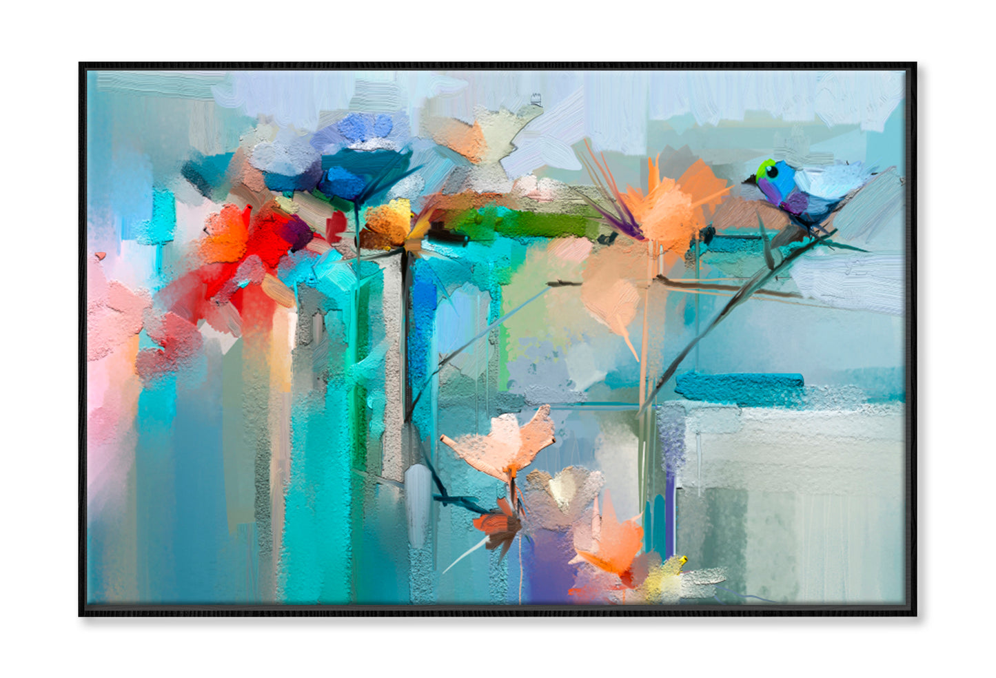 Bird & Spring Flower Oil Painting Wall Art Limited Edition High Quality Print Canvas Box Framed Black