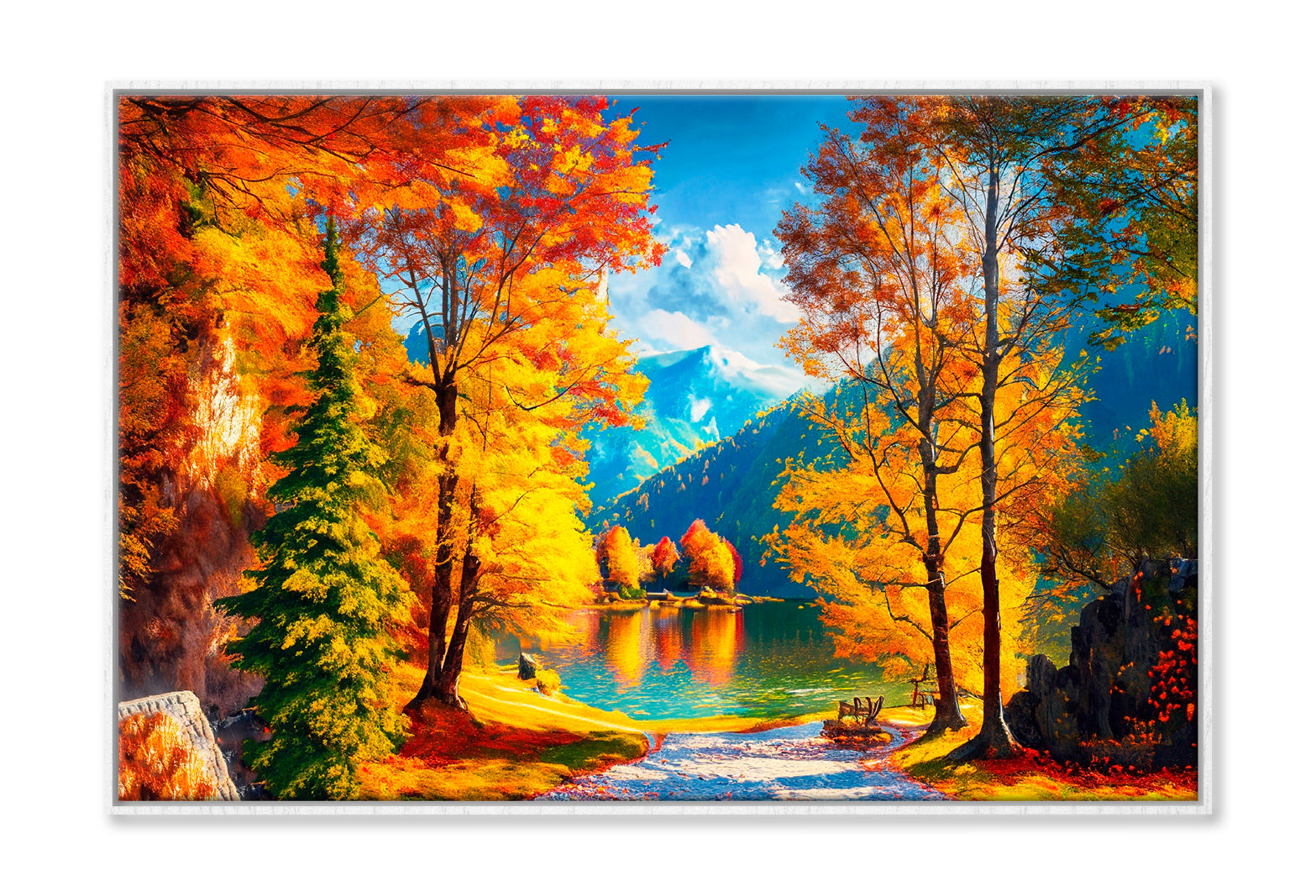 Reflection Of Autumn Trees In Water, Autumn Lake Oil Painting Limited Edition High Quality Print Canvas Box Framed White