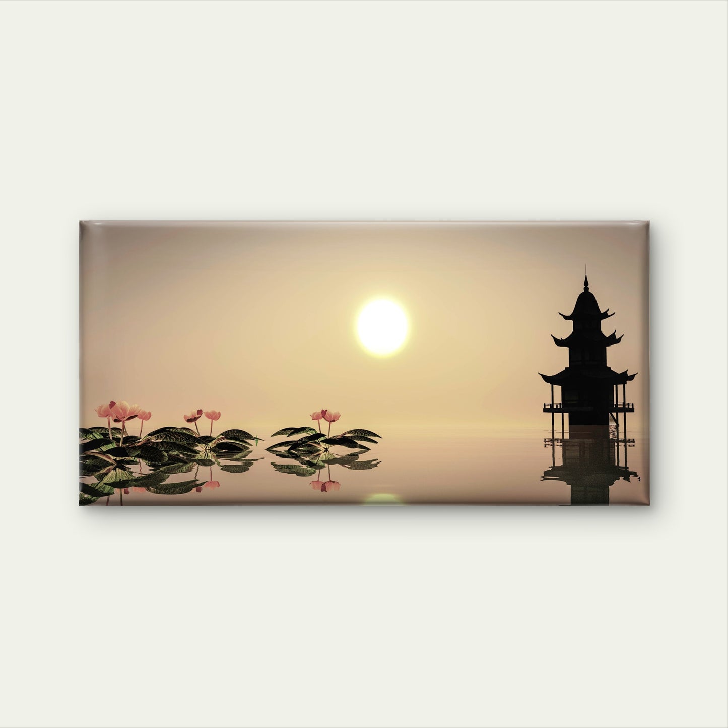 Zen Pagoda Sunset Lotus Water Wall Art Canvas Office Home Room Framed 120x60cm - Bella Home Decor