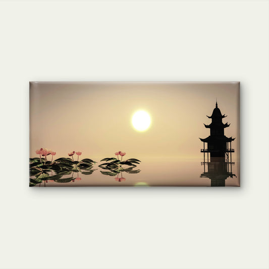 Zen Pagoda Sunset Lotus Water Wall Art Canvas Office Home Room Framed 120x60cm