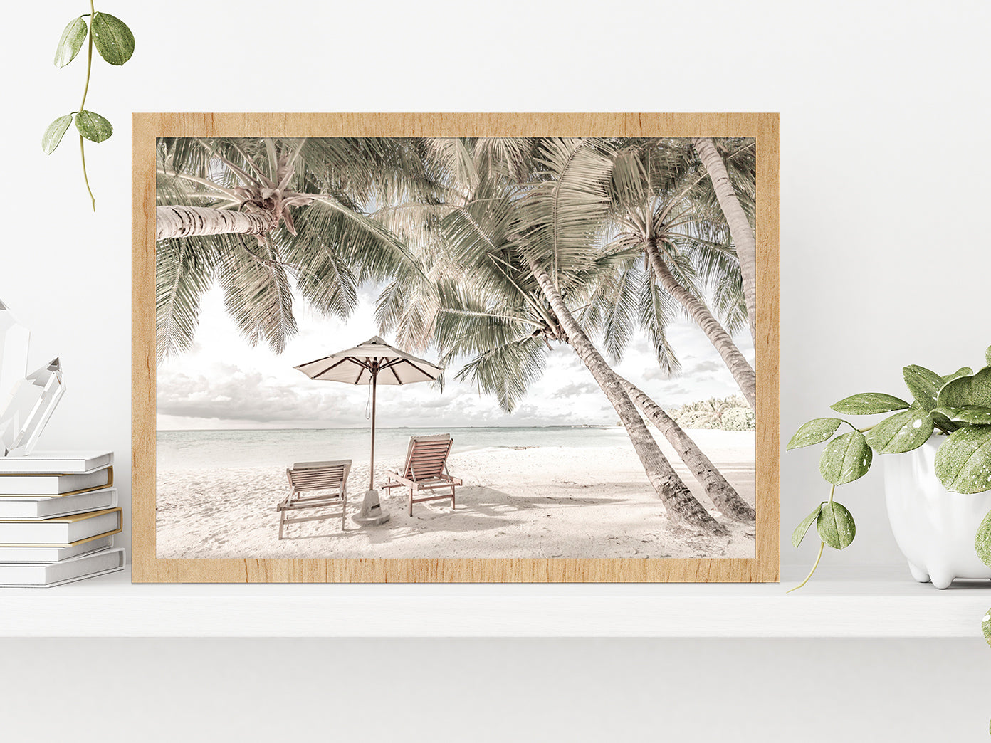 Beach Hut & Palm Trees near Sand Beach Photograph Glass Framed Wall Art, Ready to Hang Quality Print Without White Border Oak