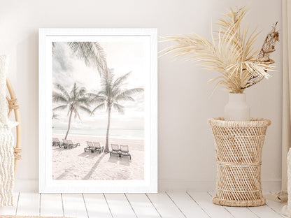 Palm Trees & Beach Chairs near Beach Glass Framed Wall Art, Ready to Hang Quality Print With White Border White